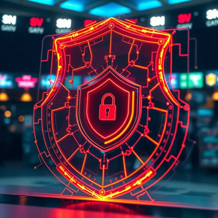 Visual depiction of digital security shield protecting against hacking and data breaches