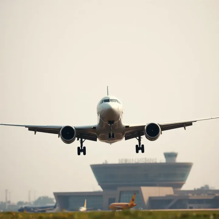 Modern airplane taking off from Nigerian airport with clear sky