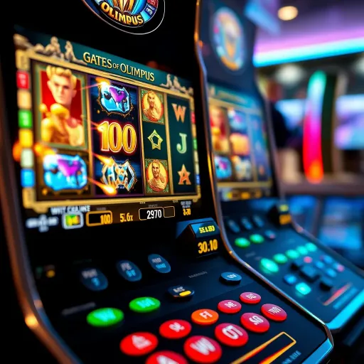 Slot machine screen displaying the Gates of Olympus game interface with vibrant symbols and game features