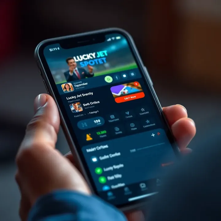 Lucky Jet SpotBet App Interface on Mobile Device Mobile phone screen displaying the Lucky Jet SpotBet app interface with betting options and navigation menu