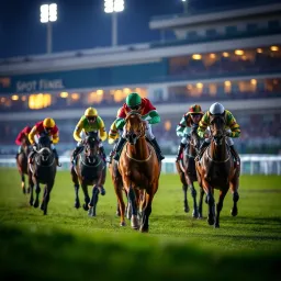 Exciting horse racing event with jockeys competing under vibrant stadium lights