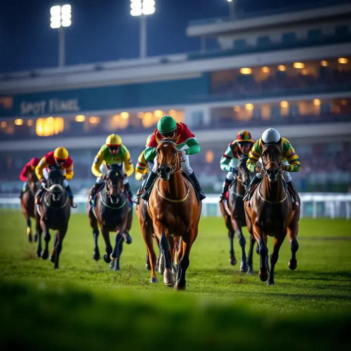 Thrilling Horse Racing Action at SpotBet Nigeria Exciting horse racing event with jockeys competing under vibrant stadium lights