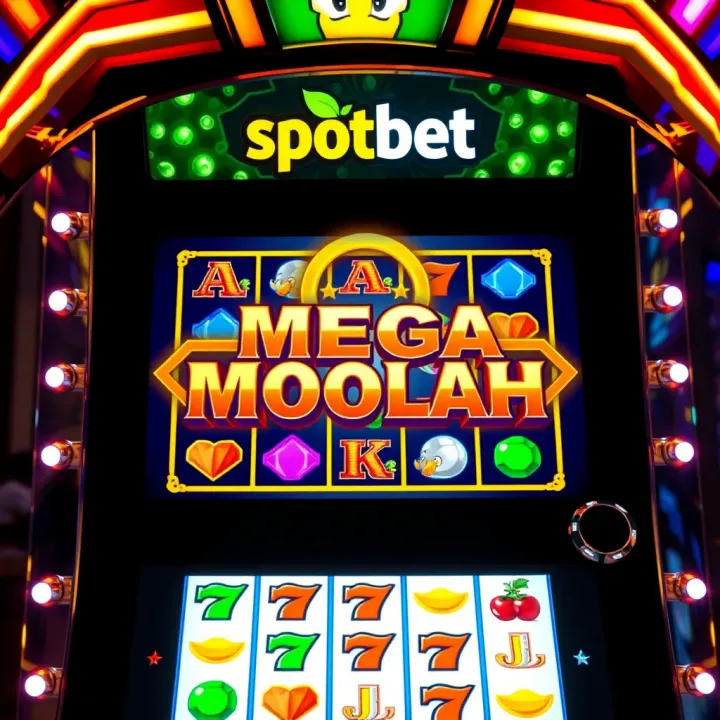 Screenshot of SpotBet Mega Moolah slot machine interface showing colorful symbols and jackpot display