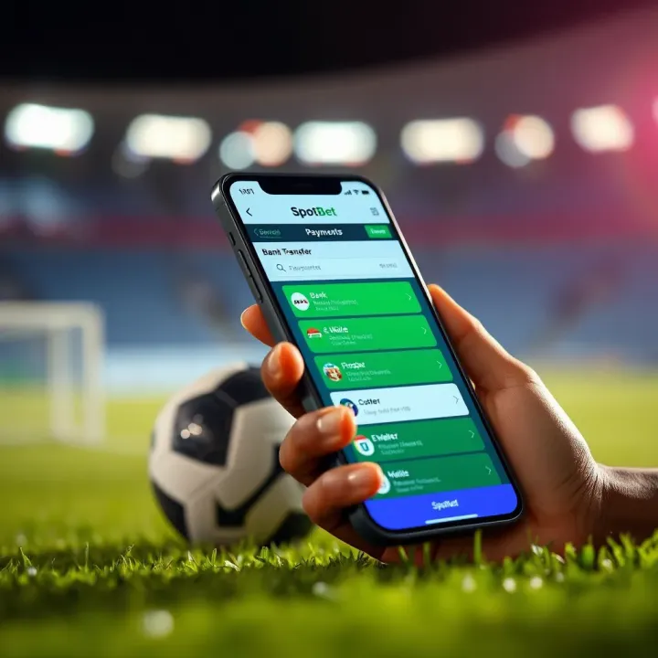 Smartphone showing SpotBet app payment methods including bank transfer and e-wallet options for Nigerian users