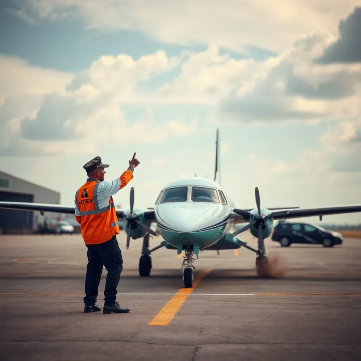 Pilot signaling aircraft using standardized aviation communication gestures on the tarmac