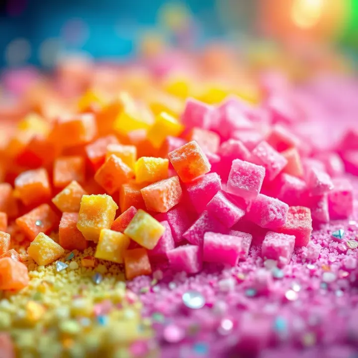 Colorful sugar crystals arranged on a vibrant background symbolizing the Sugar Rush game excitement